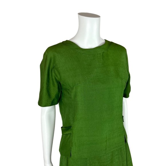 Vintage 70s Suit Set Women's Extra Small Solid Green Silk Blend Skirt Top Busine - Picture 4 of 10